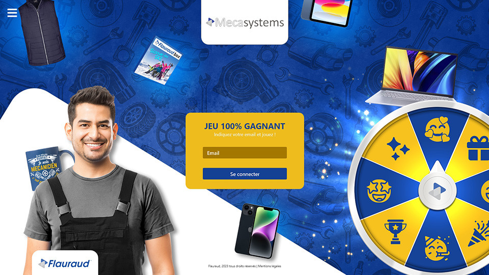 Jeu de roue de la chance en ligne personnalisé aux couleurs de votre entreprise Startengo Games, jeu de Roue de la chance pour Flauraud